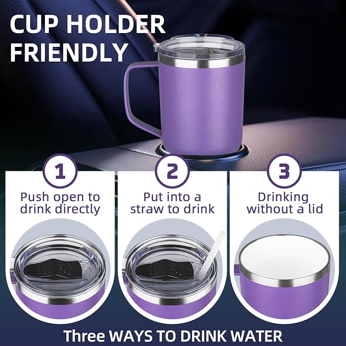 20 oz Insulated Coffee Mug with Ceramic Coating, Stainless Steel Travel Mug Tumbler with Handle Lid and Straw, Double Wall Leak-Proof Coffee Travel Mug Keeps Drink Hot and Cold (Purple) - Image 6