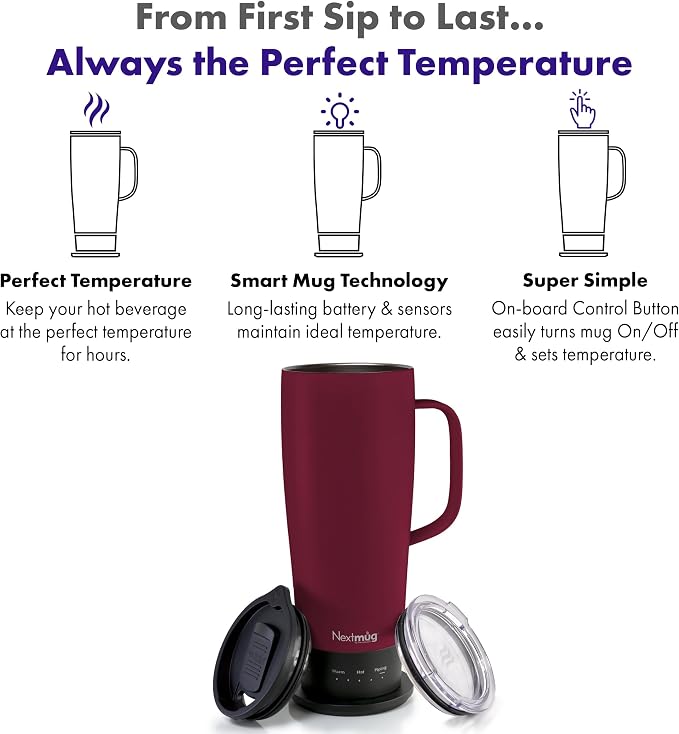 Nextmug Ultra - Temperature-Controlled, Self-Heating Travel Mug | (Burgundy - 24 oz.) – The Biggest Nextmug, No App, Long-Lasting Battery for Work & Study, Great Gift for Coffee Lovers - Image 2