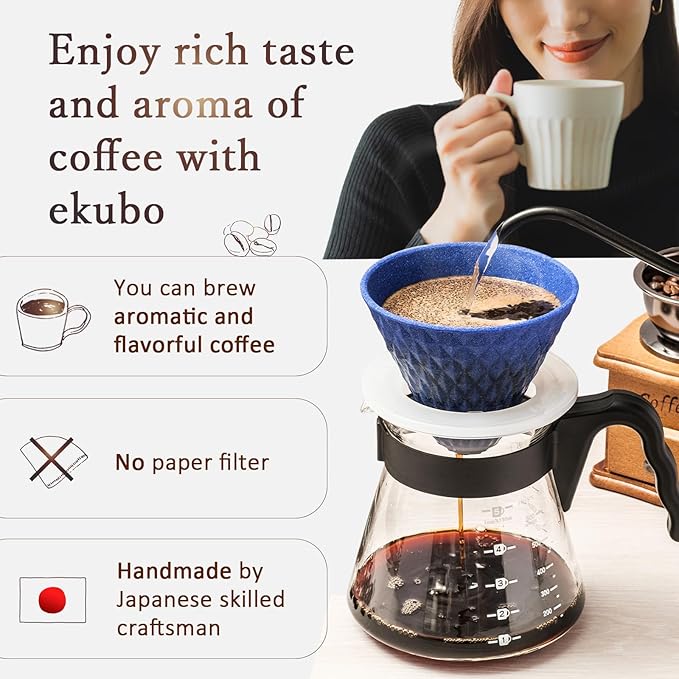 Ceramic Reusable Coffee Filter Pour Over Dripper Paperless Sustinable ekubo 1-4 Cup Made in Japan (Blue)