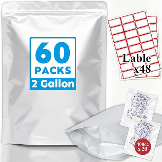 Mylar Bags 2Gallon 60PCS 13"X17" for Food Storage with Oxygen Absorbers&Labels,10Mil Thick Resealable Zipper&Heat Seal Stand Up Pouches for Packaging Long Term,Dried Food,BPA Free by HomePage