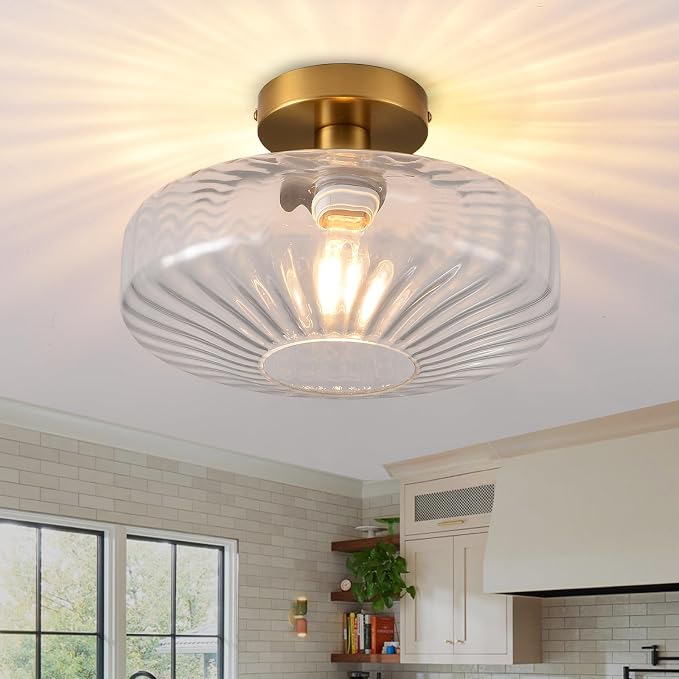 Semi Flush Mount Ceiling Light, 11.8 Inch Vintage Clear Crystal Glass Ceiling Light Fixture,Dining Room Lighting Fixtures for Kitchen, Hallway, Foyer, Bedroom, Bathroom, E26 Base (Bulb Not Included) by Unknown