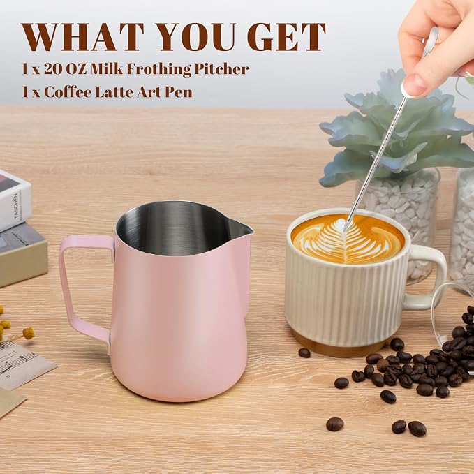 Amrules Milk Frothing Pitcher, 20 oz Milk Frother Cup with Clear Scale, 304 Stainless Steel Cappuccino Espresso Machine Accessories for Barista Coffee Bar with Latte Art Pen, Pink - Image 3