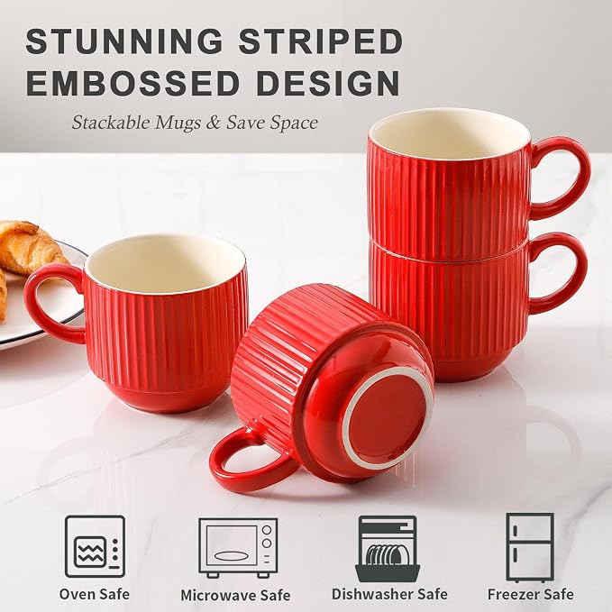 HASENSE Red Coffee Mugs, 15 oz Stackable Coffee Cups Set of 4 with Rack - Ceramic Large Ribbed Modern Latte Cup Set for Cappuccino, Tea, Hot Cocoa, Drinks - Dishwasher & Microwave Safe - Image 4