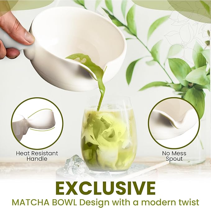 HAPPY PATH & CO Matcha Whisk Set – 6 Pcs Matcha Tea Set Includes Bamboo Whisk(Chasen) with Holder, Bowl with Spout,Sifter,Scoop & Stand | White Matcha Making Kit - Perfect Matcha Set for Matcha Lovers