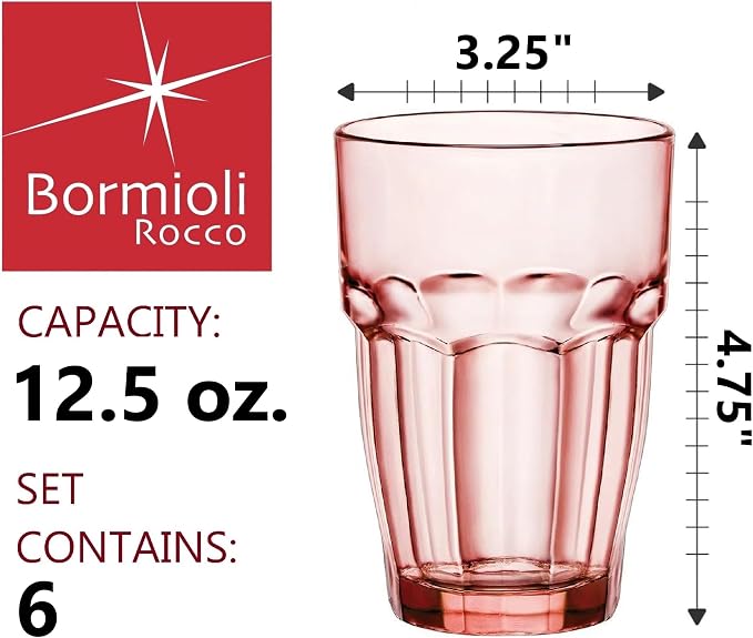Bormioli Rocco Rock Bar 12.5 oz. Long Drink Stackable Tempered Beverage Glasses for Cold Drinks, Water, and Cocktails, Set of 6, Peach - Image 2