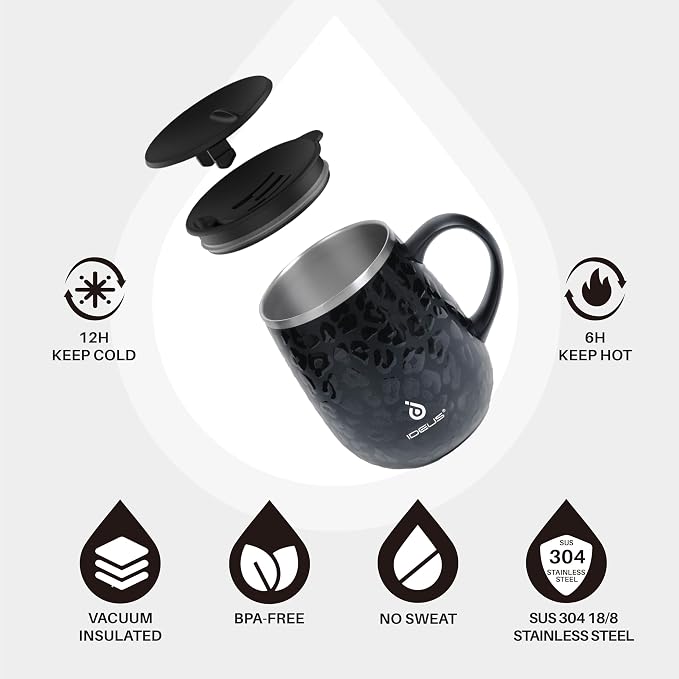 Ideus 16 oz (470 ml) Insulated Coffee Mug with Handle and Lid, Double Wall Stainless Steel Vacuum Thermal Coffee Mug, Travel Coffee Cup Thermal Cup for Home and Office, Leopard Black - Image 2