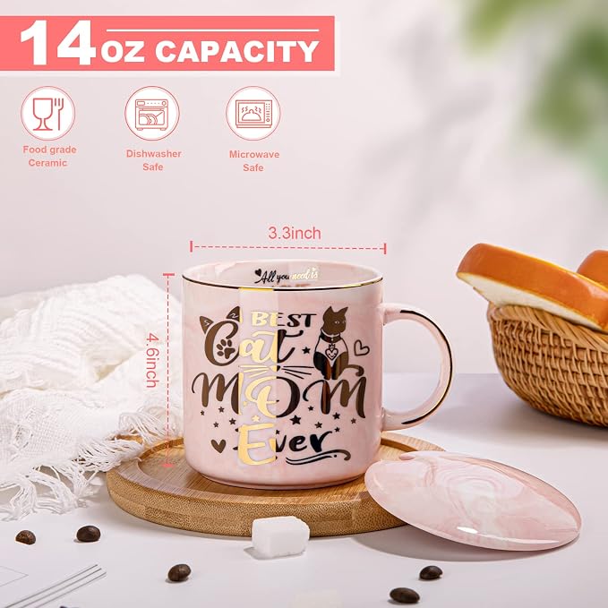 Cat Mom Gifts for Women, Best Cat Mom Ever Mug, Gifts for Cats Lovers | Unique 14oz Pink Marble Ceramic Gold Pattern Cup Gift Box, Birthday Christmas Mothers Day gifts for Cat Lady Mom Wife Friend - Image 2