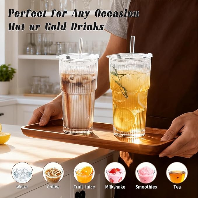 20oz Glass Cups with Lids and Straws, Premium Thick Ribbed Drinking Glass Tumbler Set for Iced Coffee, Smoothies, Cocktails, Beer and Juice, Clear, 2 Pack