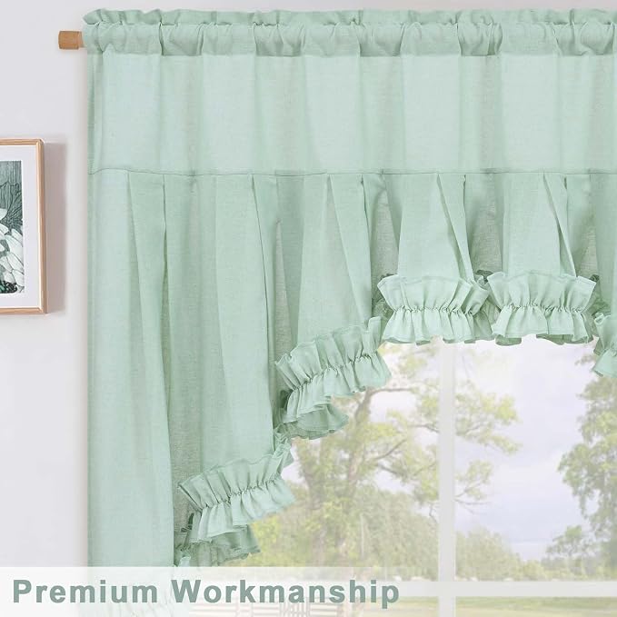 Likiyol Linen Valances for Windows Farmhouse Ruffle Swag Valance Rustic Country Window Valances Light Filtering Kitchen Curtains Rod Pocket Valance Curtains for Bathroom Cafe, Mint Green, 60"W x 36"L - Image 6