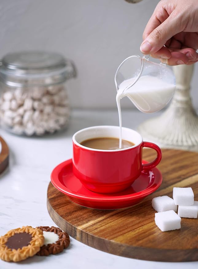 Sweese 4 Ounce Porcelain Stackable Espresso Cups with Saucers and Metal Stand Set of 4, Red - Image 8