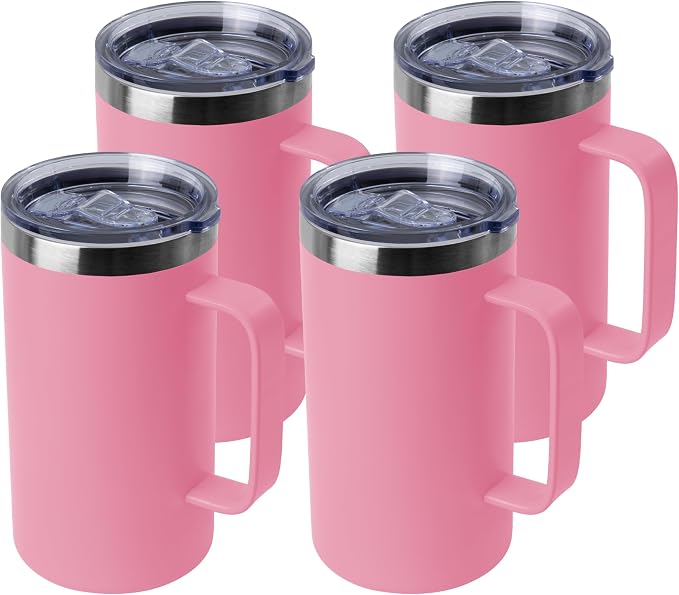 DOMICARE 24oz Mug with Handle and Lid, Stainless Steel Coffee Mug, Travel Mug with Handle, Double Wall Vacuum Coffee Tumbler, Reusable Insulated Cup, Pink, Pack 4 by VisittheDOMICARE