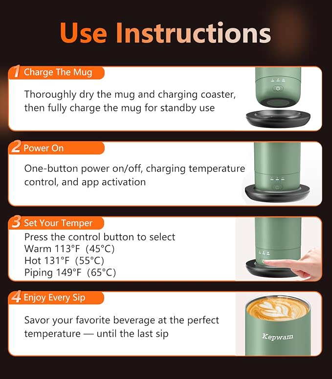 Kepwam Heated Coffee Mug Rechargeable T3, 20oz Self-Heating Travel Mug for Coffee with 1℉ Precise Temperature Control & App, Portable Cup Warmer for Outdoor & Car (Fits Cup Holders) - Image 8
