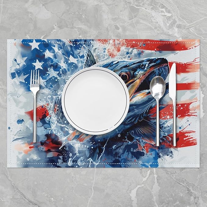 Feelyou Ocean Fish Placemats Set of 4 12"x18" American Flag Placemats for Dining Table Indoor Outdoor Kitchen Nautical Fishing and Hunting Table Mats Placemat Decor Table Place Mats - Image 2
