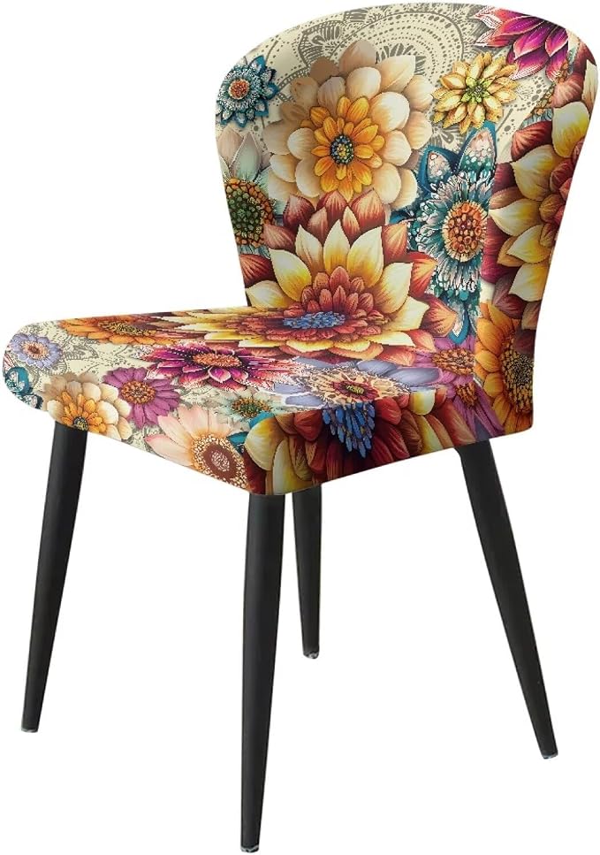 Bohemian Flowers Pattern Bar Stool Covers, 2 Pcs Bar Stool Covers with Backs Washable Soft Decorative Dining Chair Covers for Dining Room Cafe Kitchen - Image 3