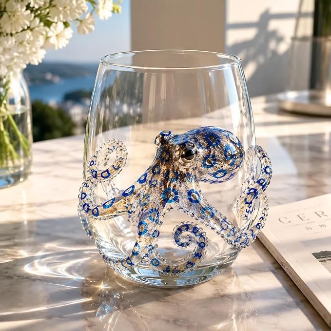 3D Octopuses Stemless Wine Glasses Artisanal Blue Ringed Octopus Glassware Coastal Christmas Home Decor Gift for Ocean Lovers，Octopus by Unknown