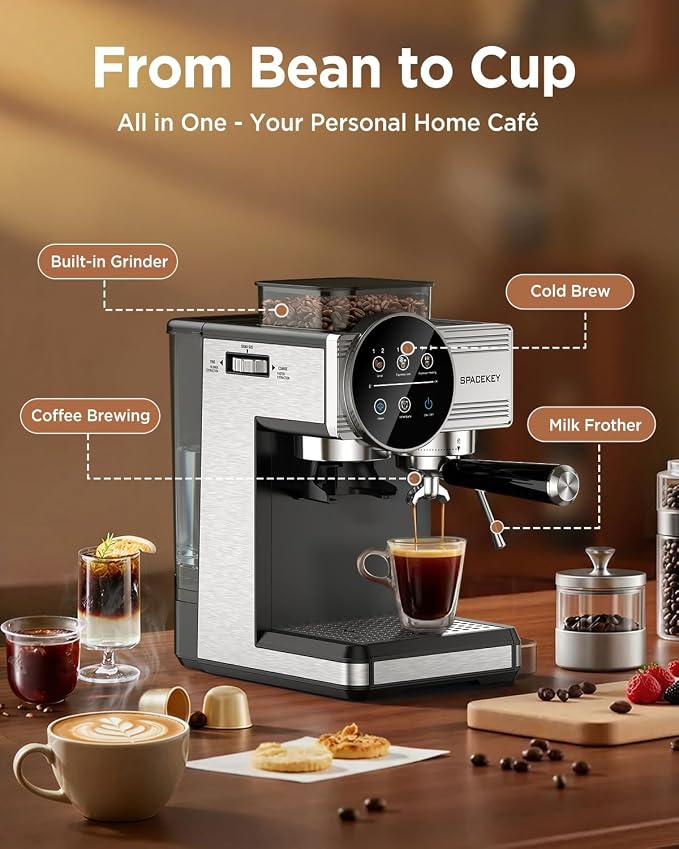 Spacekey Espresso Coffee Machine with Grinder, Milk Frother, Cold Brew, 20 Bar | Coffee Maker with 30 Grind Settings, 60oz Removable Tank, Home Barista Kit for Lattes, Cappuccinos, Americano - Image 8