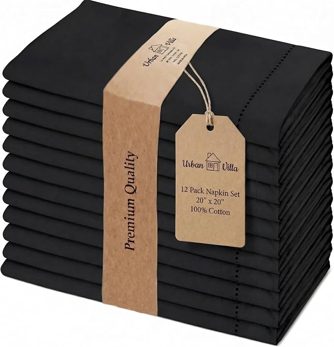 Urban Villa Hemstitch Cloth Dinner Napkins Cotton 20”x20” (Set of 12)-Black by CottonTrends