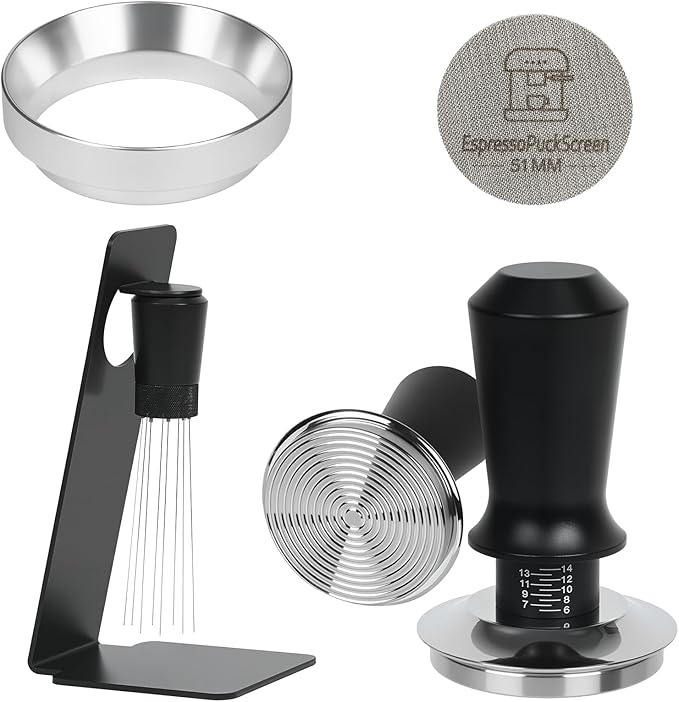 51mm Espresso Tamper Kit - Dual-Spring Calibrated Coffee Tamper, 8-Needle WDT Tool Espresso Distribution Tool, Magnetic Aluminum Dosing Funnel, Reusable Puck Screen, Fit for 51mm Portafilters