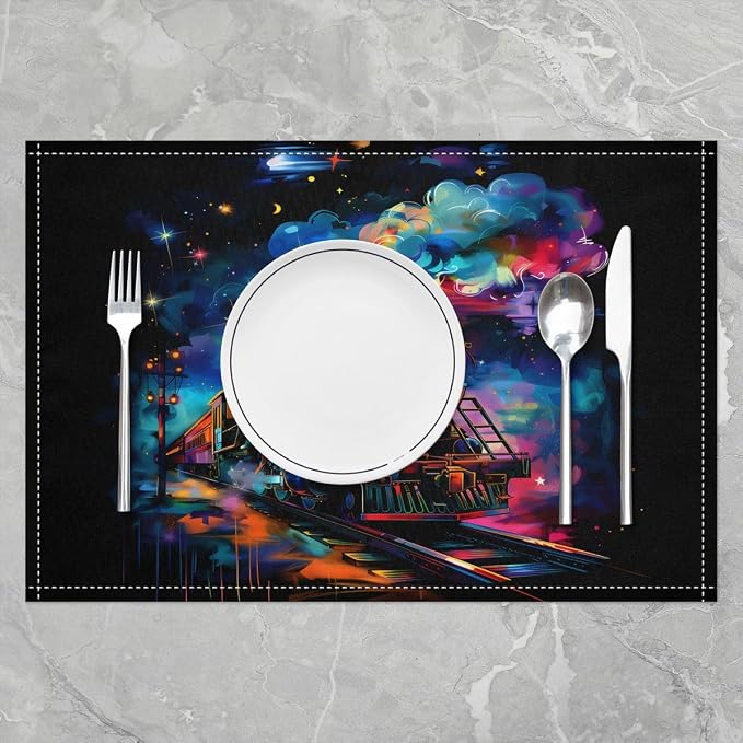 Feelyou Train Placemats Set of 4 12x18 Inch Colorful Steam Engine Table Mats for Party Kitchen Dining Decoration Holiday Seasonal Transportation Vehicle Place Mat for Dinner Indoor Outdoor Decor - Image 2
