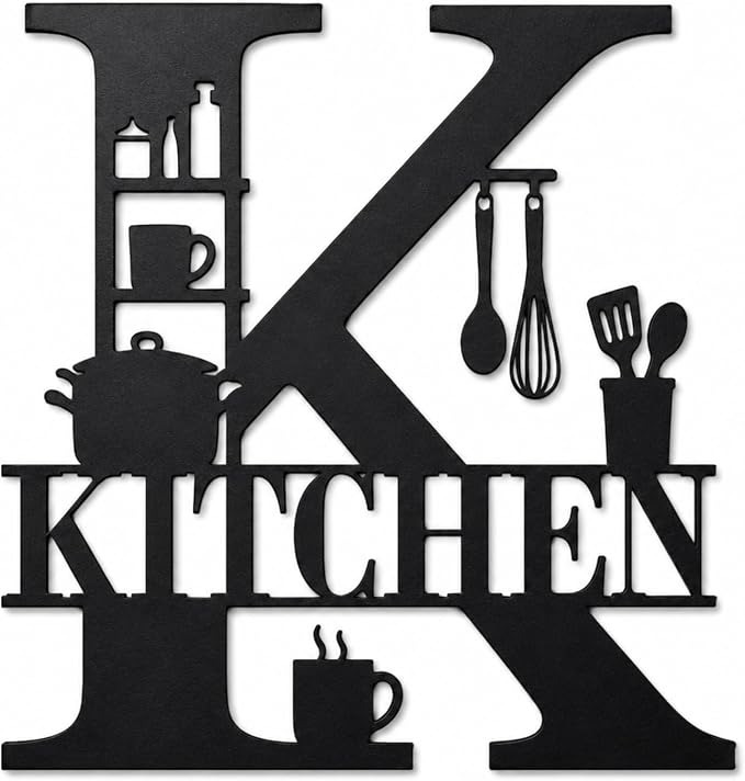 Kitchen Metal Wall Decor, Farmhouse Kitchen Sign, 14 Inch | 14-inch matte black metal kitchen sign with pre-drilled holes for farmhouse, modern, rustic, or industrial wall decor. by Bosfori
