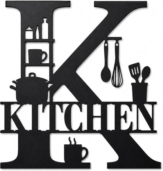 Kitchen Metal Wall Decor, Farmhouse Kitchen Sign, 14 Inch | 14-inch matte black metal kitchen sign with pre-drilled holes for farmhouse, modern, rustic, or industrial wall decor. by Bosfori