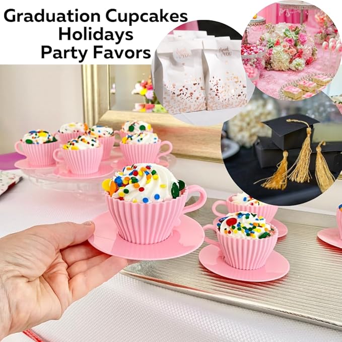 Evelots Baking Cupcake Molds - Silicone Teacup Set - 24 Pc Set - Oven-Safe - Nonstick - Muffin Cups for Bridal/Baby Shower, Birthday/Tea Party - 12 Cups & 12 Saucers - BPA Free