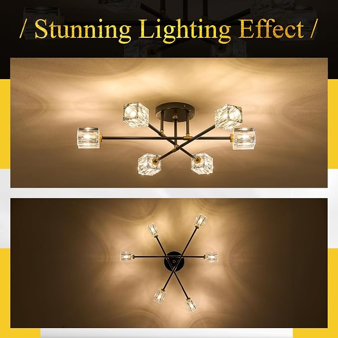 Black Gold Crystal Semi Flush Mount Ceiling Light Fixture Industrial 26" Sputnik Chandeliers 6 -Light Modern Chandelier for Foyer Entryway Kitchen Bedroom Living Room Dining Room - Image 6
