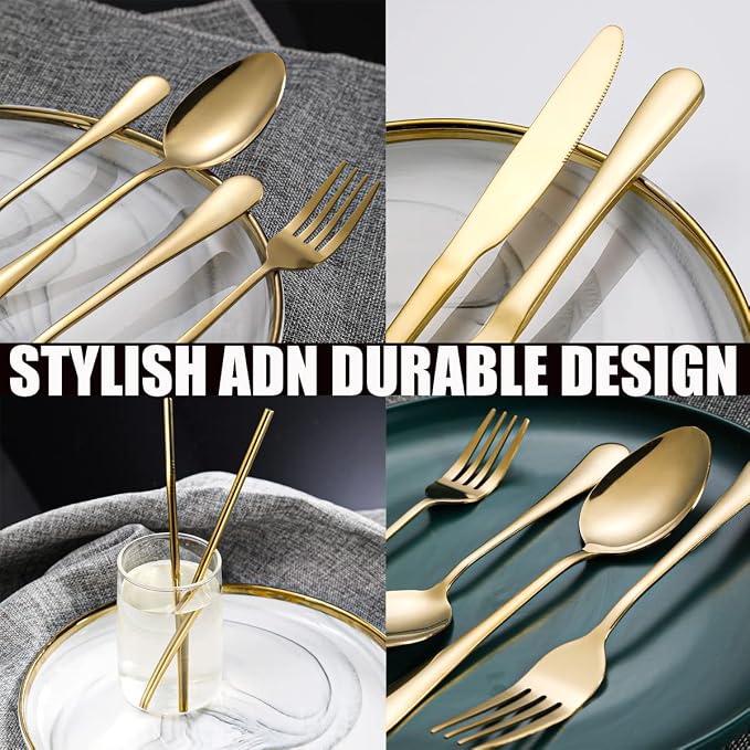 56 Pieces Gold Silverware Service for 8 Flatware Set with Straws Stainless Steel Utensils Cutlery Set Dishwasher Safe Flatware (Gold, 56) - Image 4