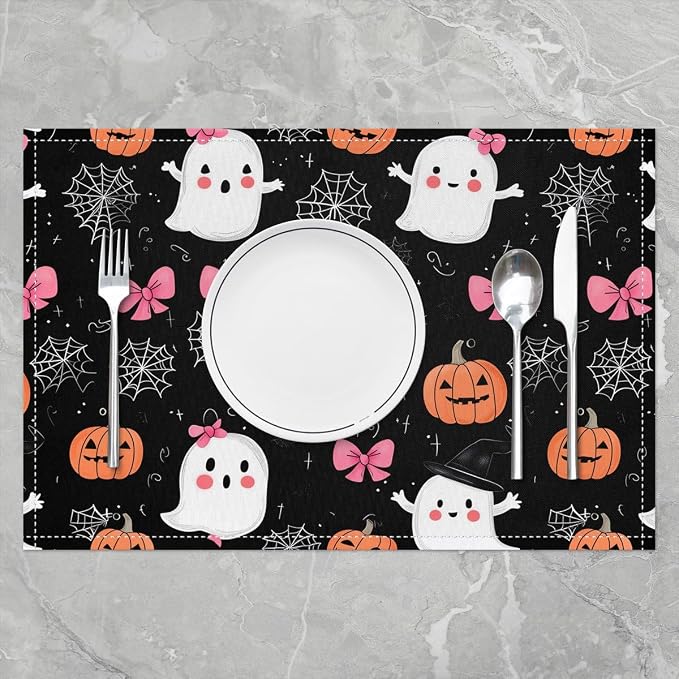 Feelyou Happy Halloween Placemats Set of 4 Cute Ghost Bow Table Mats Pink White Orange Place Mat for Kitchen Dining Table Party Decor Indoor Outdoor 18"x12" Non-Slip Easy to Clean Pumpkin Cobweb - Image 2