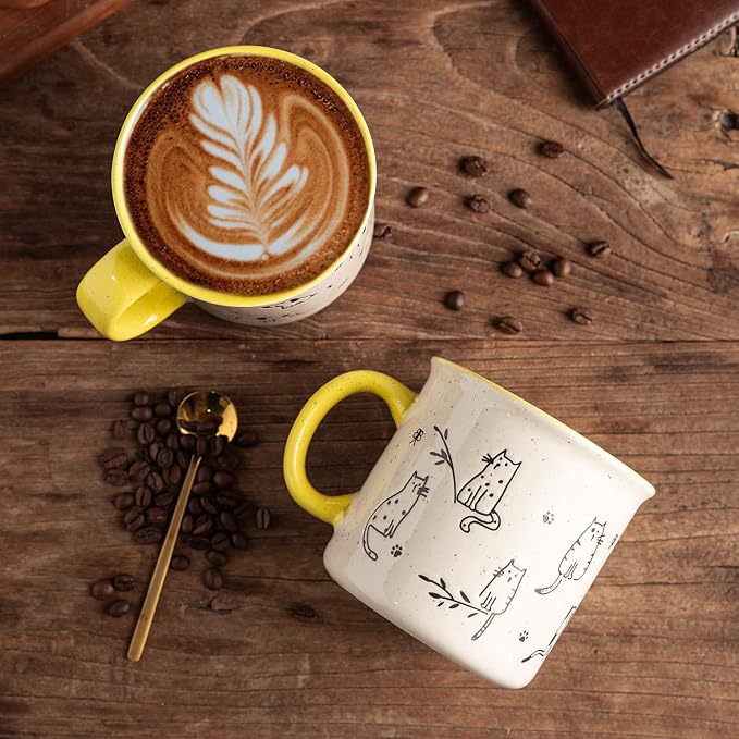 AmorArc 22 OZ Large Ceramic Coffee Mugs Set of 2, Oversized Mugs With Big Handle for Men Women Dad Mom, Big Mug With Textured Dogs Cats Patterns for Office & Home -Microwave Safe, 2 Pcs-Yellow - Image 3