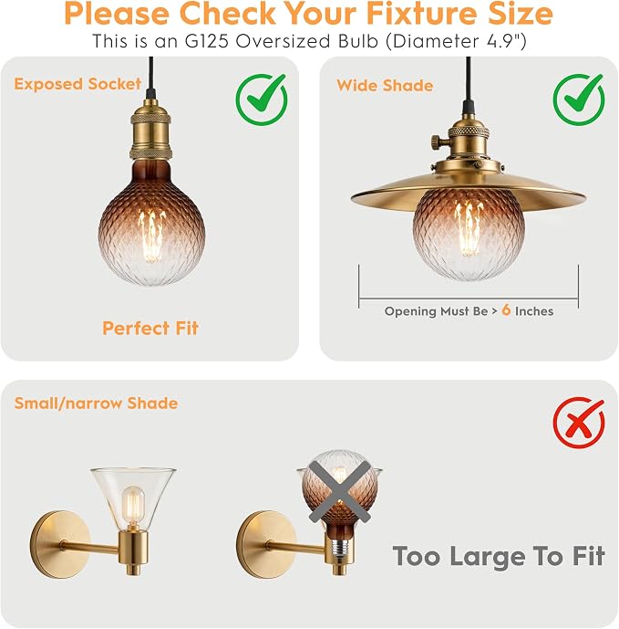 G125 Edison LED Bulb,4W Dim E26,2200K Gradient Brown Diamond Glass | Large Globe Light Bulbs,Squirrel Cage Filament, Cozy Warm Tone, Decorate Bars, Restaurants, Kitchens & All Indoor Occasions - Image 3