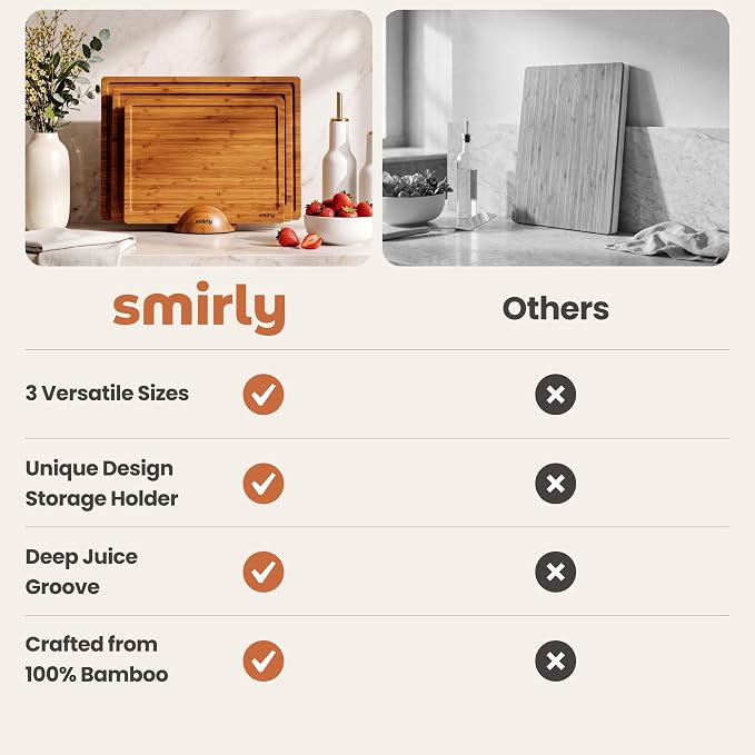 SMIRLY Cutting Board, Carbonized Bamboo Cutting Board Set of 3 with Stand | Non Toxic Wooden Cutting Board with Juice Grooves and Handles, Multiple Sizes Chopping Boards for Meat Vegetable Charcuterie - Image 7