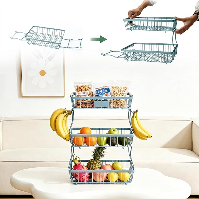 3 Tier Fruit Basket with 2 Banana Hangers, Mesh Basket Fruits Stand Produce Holder Organizer for Onion Potato Bread Snack Veggie Blue - Image 6