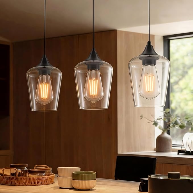 Ralbay Matte Black Industrial Pendant Light 3-Pack, Pendant Light Fixtures with Wine Clear Glass Shade, Adjustable Height for Kitchen Island, Farmhouse Dining Room Hanging Lighting Fixture - Image 8