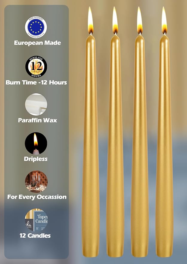 Hyoola Tall Taper Candles - 14 Inch Metallic Gold Dripless, Unscented Dinner Candle - Paraffin Wax with Cotton Wicks - 12 Hour Burn Time (Pack of 12) - Image 3