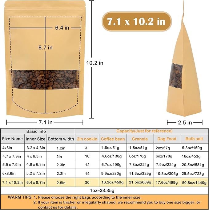 50 Pack Kraft Paper Resealable Bags with Clear Window (7 X 10.2 Inches) | Heat Sealable Stand Up Pouch Bags with Tear Notches for Small Business, Spices, Granola Storage - Image 2
