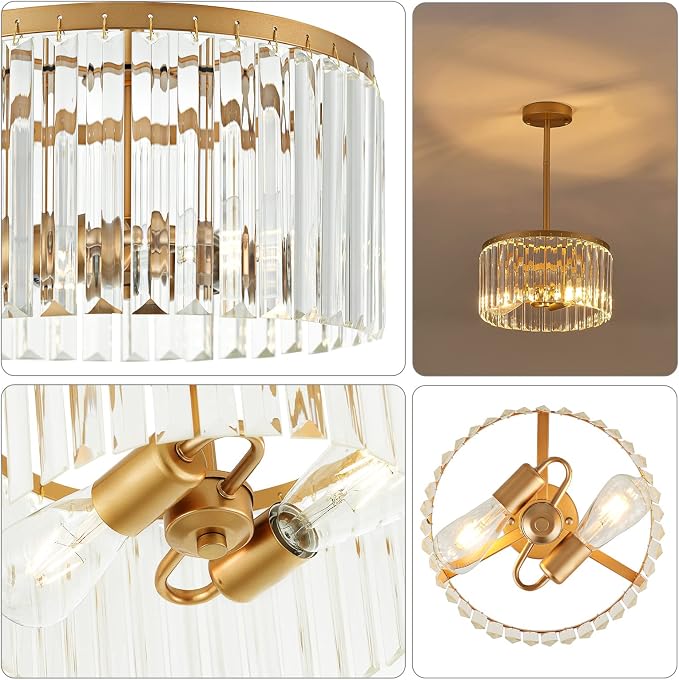 12" Gold Semi Flush Mount Crystal Ceiling Light Fixtures for Kitchen Modern Industrial 2-Light Small Chandeliers Lighting for Bedroom Entryway Hallway Living Dining Room Foyer - Image 3