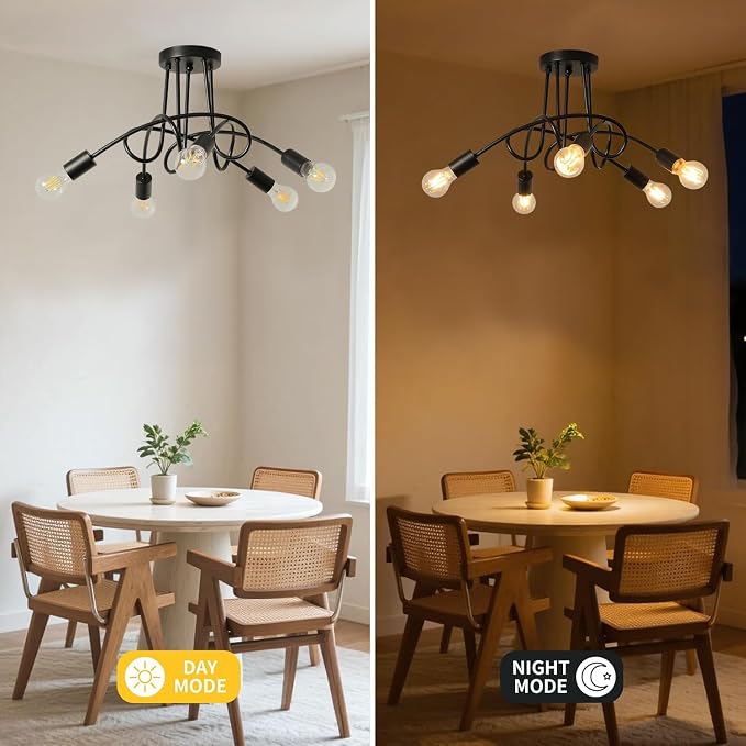 Modern Farmhouse Chandelier,25 Inch 5 Light Sputnik Semi Flush Mount Ceiling Light, Metal Black Rustic Light Fixture for Dining Room Bedroom Kitchen Hallway Entryway - Image 6