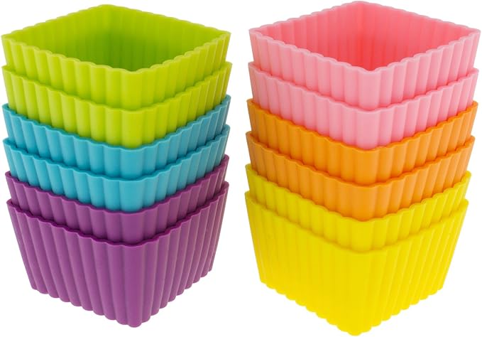Freshware 12-Pack Silicone Mini Square Reusable Cupcake and Muffin Baking Cup, Six Vibrant Colors