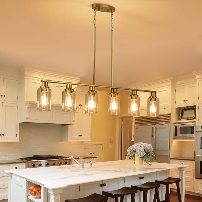 Kitchen Island Lighting, 6-Light Modern Dining Room Light Fixture Over Table,44.3'' Vintage Farmhouse Gold Linear Chandelier, Industrial Pendant Lights for Kitchen Island with Clear Glass Shade - Image 5