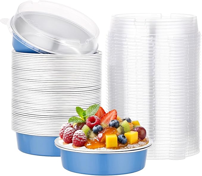 Beasea Mini Tart Pans with Lids 50 Pack, 4" 7.3oz Disposable Aluminum Foil Baking Tins Cups Round Pie Container for Individual Cupcake Dessert Muffin Cheesecake Quiche - Zebra Stripes by Beasea