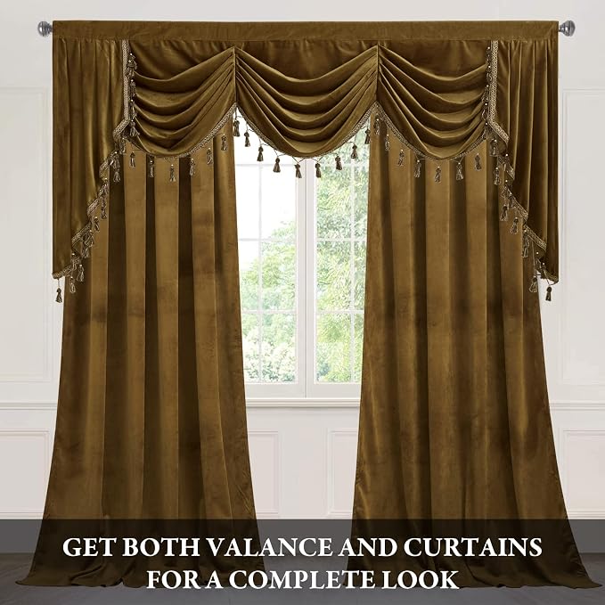 Extra Wide Gold Brown Valance Curtain W79 inches, 1 Panel | Luxury Super Soft Velvet Fabric, Victorian Waterfall Curtains, Room Darkening Window Treatment for Autumn Decor - Image 2