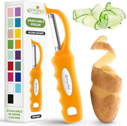 Spring Chef Swivel Potato Peeler for Kitchen w/ Soft Grip Handle, Mango | Premium Vegetable Peeler w/ Sharp Stainless Steel Blades, Multifunctional Food Peeler for Apple, Carrot, Cucumber, Fruit by SpringChef