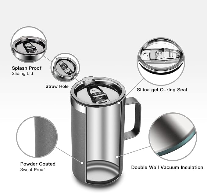 KXIAOCHEN 20 oz Insulated Coffee Mug, Coffee Cup with Lid and Wide Handle | 18/8 stainless steel, 6+ hours hot or 12+ hours cold, wide mouth, no-sweat exterior, for office, work, home and camping - Image 6
