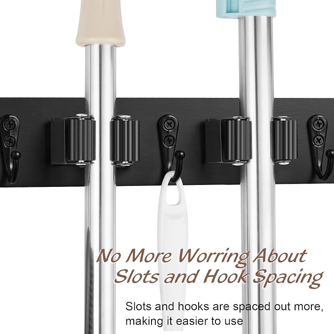 OUTNILI 2 Pack Black Mop Broom Holder Wall Mount - Wood Broom Mop Hanger - Wall Mounted Garden Tool Rack Organizer for Closet Garage Laundry Room, 4 Slots & 4 Hooks - Image 4