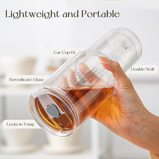 KEMORELA 28 oz Double Wall Glass Tumblers Set of 2, Extra-Wide 13mm Reusable Drinking Straws, Boba Tumbler, Wide-Mouth Water Cups for Iced Coffee, Smoothies, Boba & Tea Lovers (Ribbed) - Image 5