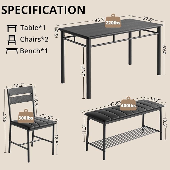 IRONCK Dining Table Set for 4, Kitchen Table and Chairs Set, Black | Kitchen Table with Upholstered Bench and 2 Chairs for Small Space, Apartment - Image 2