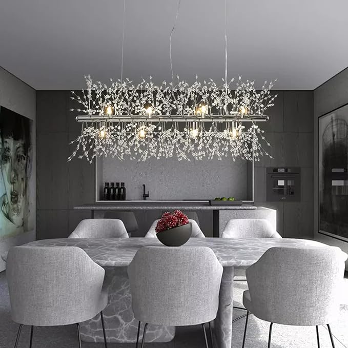 Modern Chrome Crystal Firework Chandelier Linear Lighting Fixtures | 35.5" Sputnik Ceiling Light Fixture Rectangular Hanging Pendant Light for Kitchen Island Dining Room Living Room 12-Lights - Image 4