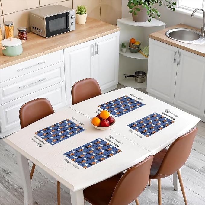 Feelyou Happy Halloween Placemats Set of 4 Pumpkin Lantern Ghost Table Mats Blue White Black Place Mat for Kitchen Dining Table Party Decor Indoor Outdoor 18"x12" Non-Slip Easy to Clean Bats Cobweb - Image 3