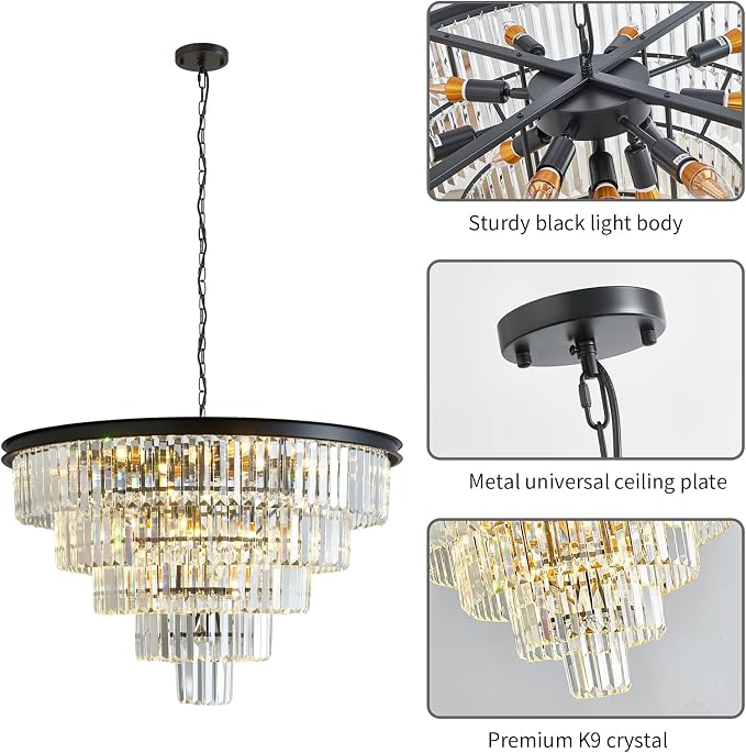 Large Crystal Chandelier 30'' Modern Black Dining Room Light Fixture | 5-Tier K9 Luxury Crystal Pendant Light for High Ceiling Big lighting fixture for Living Room Kitchen Foyer Staircase Entryway - Image 7